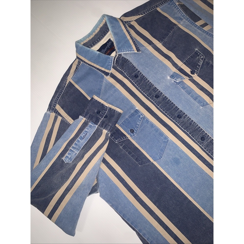 VTG 90s WRANGLER Men's 17-35 Blue beige Striped Button Up Brushpopper Shirt Long